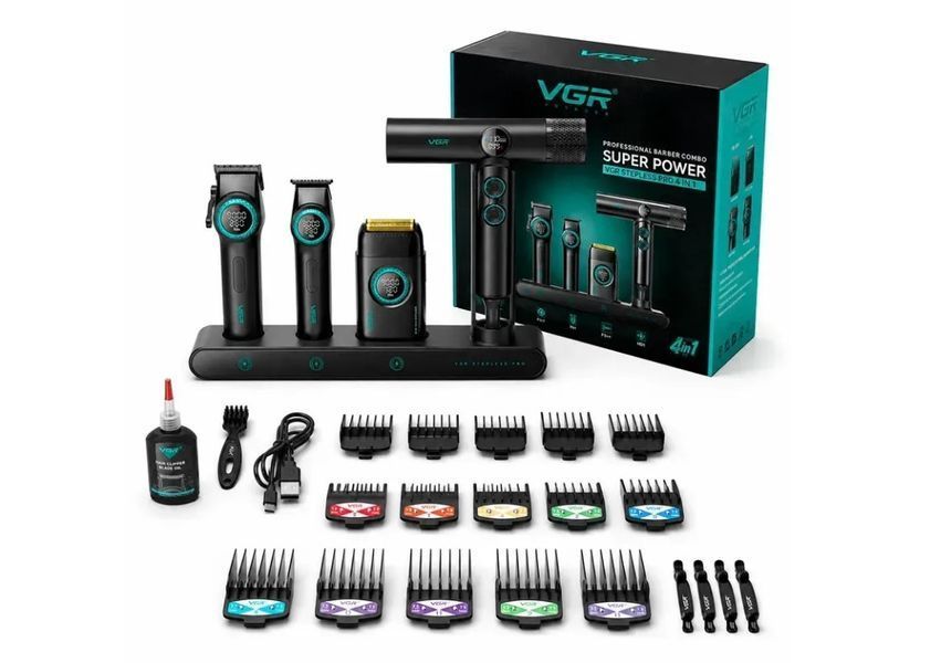 Професійний набір для стрижки волосся VGR Stepless Pro 4 в 1 &mdash; машинка для стрижки, тример, шейвер і фен.