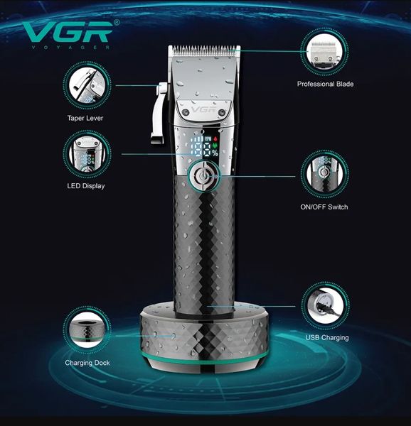 Профессиональная беспроводная машинка для стрижки волос VGR V-682 с зарядной базой