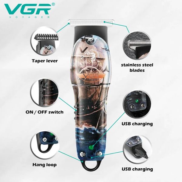 Професійний тример для стрижки волосся та бороди VGR V-953 з насадками