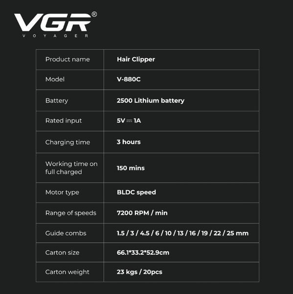 Професійна машинка для стрижки VGR V-880C Тример акумуляторний 11 насадок