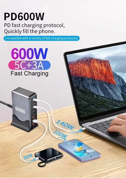 Зображення Блок живлення Type-C зарядний пристрій USB Хаб GaN 600W (600Вт) Швидка Зарядка для ноутбука та телефону PD 140W