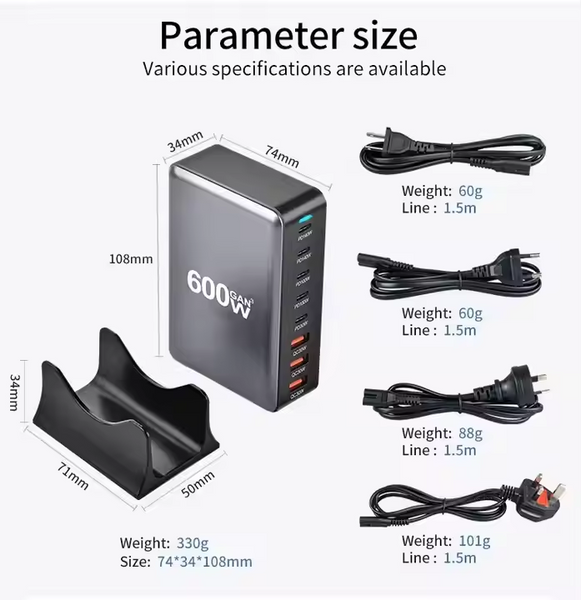 Зображення Блок живлення Type-C зарядний пристрій USB Хаб GaN 600W (600Вт) Швидка Зарядка для ноутбука та телефону PD 140W