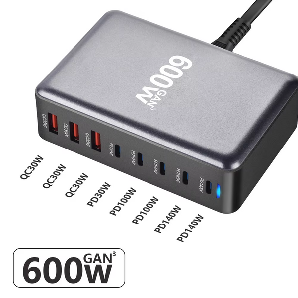 Зображення Блок живлення Type-C зарядний пристрій USB Хаб GaN 600W (600Вт) Швидка Зарядка для ноутбука та телефону PD 140W