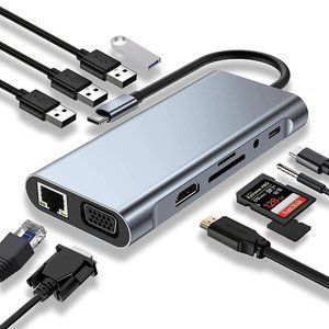 Картинка Type-C Hub Хаб 11 в 1 (USB, HDMI, VGA, LAN, SD-карта, Jack 3.5 mm, Type-C)