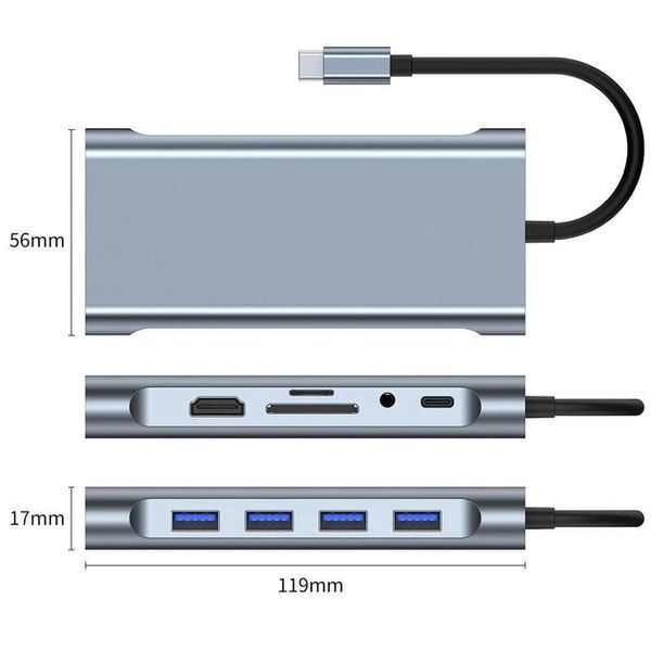 Картинка Type-C Hub Хаб 11 в 1 (USB, HDMI, VGA, LAN, SD-карта, Jack 3.5 mm, Type-C)