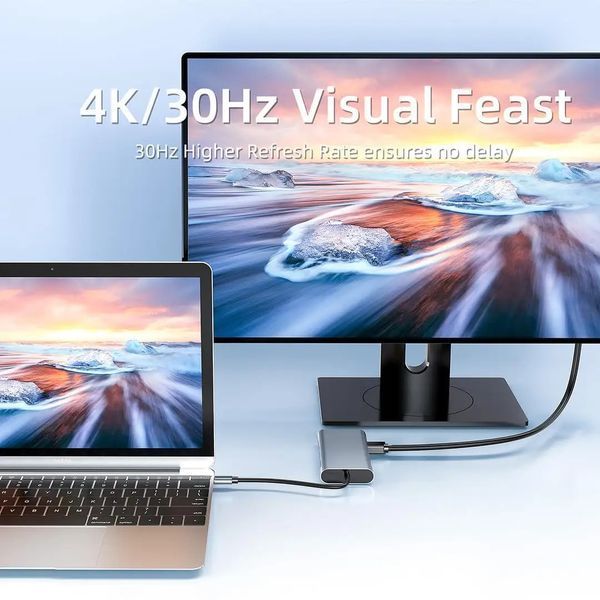 Картинка Type-C Hub Хаб 11 в 1 (USB, HDMI, VGA, LAN, SD-карта, Jack 3.5 mm, Type-C)