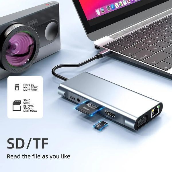 Картинка Type-C Hub Хаб 11 в 1 (USB, HDMI, VGA, LAN, SD-карта, Jack 3.5 mm, Type-C)