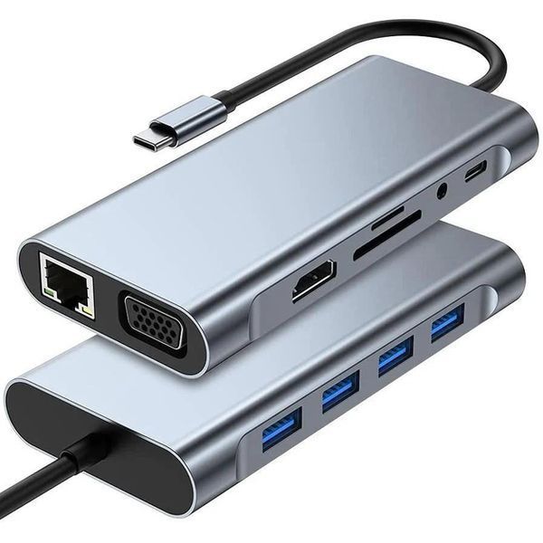 Картинка Type-C Hub Хаб 11 в 1 (USB, HDMI, VGA, LAN, SD-карта, Jack 3.5 mm, Type-C)
