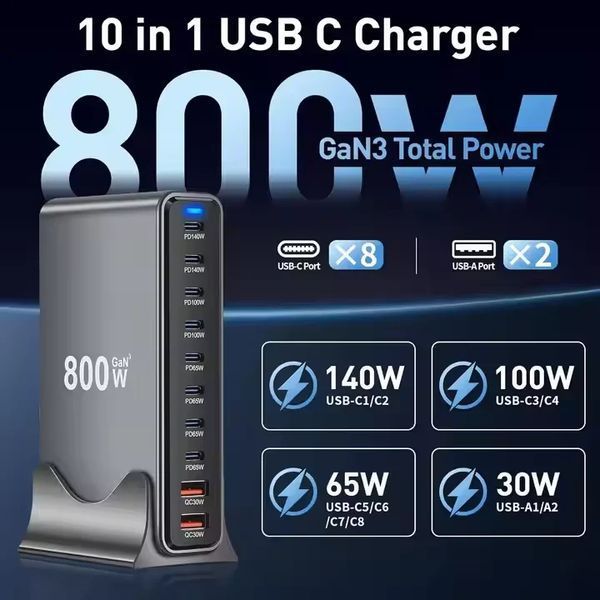 Зображення Блок живлення USB-C зарядний пристрій USB Хаб GaN 800W (800Вт) Швидка Зарядка для ноутбука та телефону PD 140W