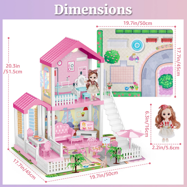 Дитячий будиночок для ляльок - вілла на 2 поверхи 3 кімнати з меблями та терасою для відпочинку