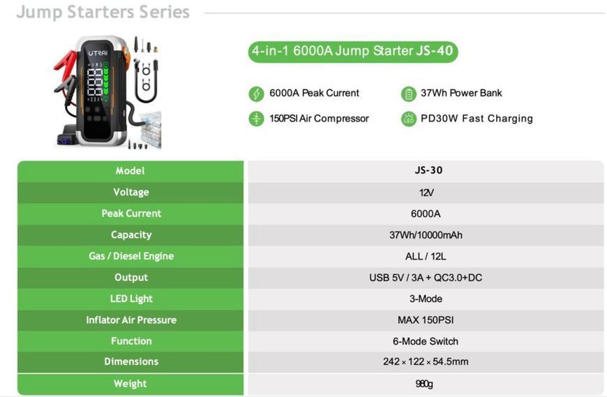 Зображення Пусковий автомобільний пристрій Jump Starter UTRAI JS-40  6000A / 10000mAh з вбудованим компресором 150 PSI